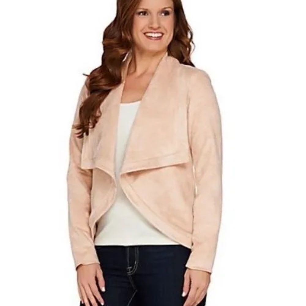 H By Halston Pale Pink Faux‎ Suede Open Front Drape Lapel Jacket Sz M